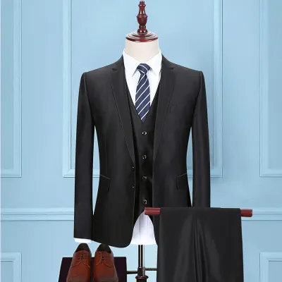 Men Slim Fit Wedding Suit Double Breasted Solid Blazer and Pants Set with Tie