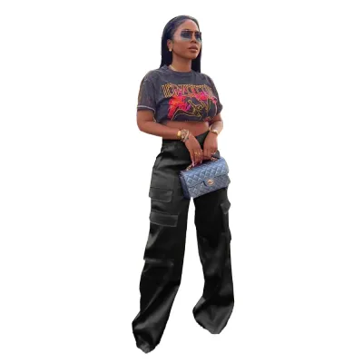 Women Casual Solid Color Multi-Pocket Zipper Loose Wide Leg Pants