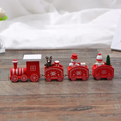 Children Toy Christmas 4 Sections Red White Wooden Small Train Desktop Ornament