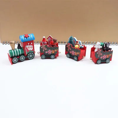 Children Toy Christmas 4 Sections Red White Wooden Small Train Desktop Ornament