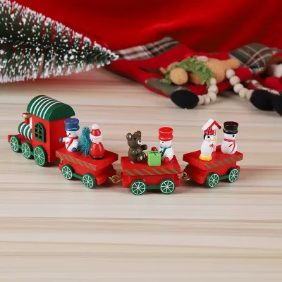 Children Toy Christmas 4 Sections Red White Wooden Small Train Desktop Ornament