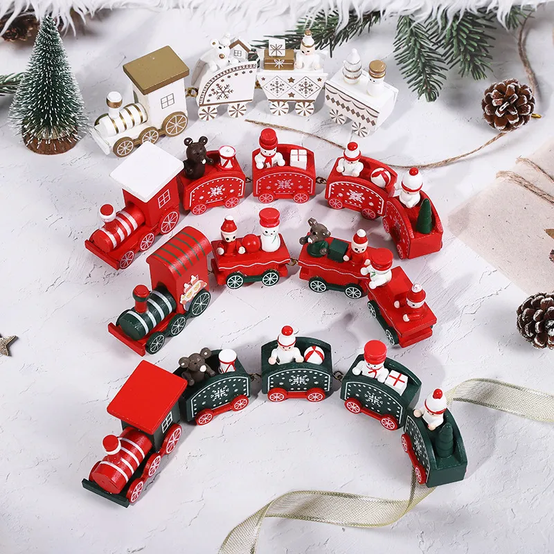 Children Toy Christmas 4 Sections Red White Wooden Small Train Desktop Ornament
