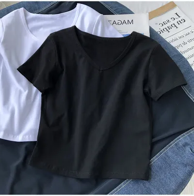Women Slim-Fit V-Neck Short-Sleeved Basic Casual Solid Color T-Shirt