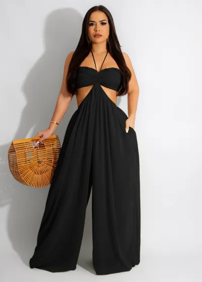 Women Sexy Chiffon Halter Neck Backless Wide Leg Jumpsuit