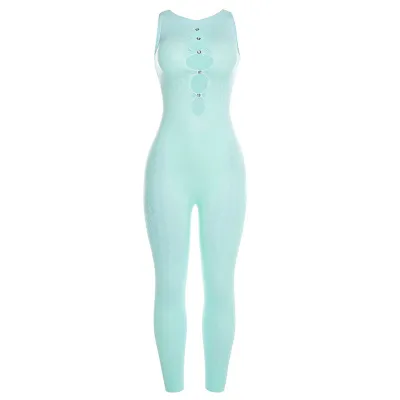 Women Fashion Sexy Mesh See-Through Cut Out Sleeveless Jumpsuit