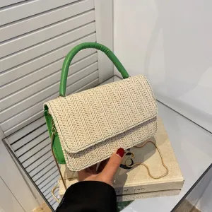 Wome Fashion Casual Straw Woven Metal Chain Messenger Bag