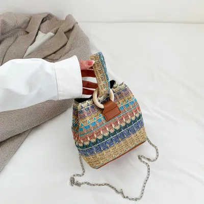 Women Fashion Retro Multicolor Straw Bucket Crossbody Bag with Drawstring
