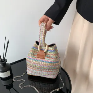 Women Fashion Retro Multicolor Straw Bucket Crossbody Bag with Drawstring