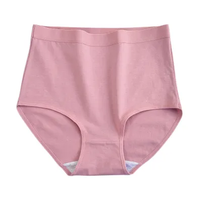 Women Simple Solid Color Breathable Pure Cotton Large Size High Waist Tummy-Tight Panties