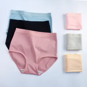 Women Simple Solid Color Breathable Pure Cotton Large Size High Waist Tummy-Tight Panties