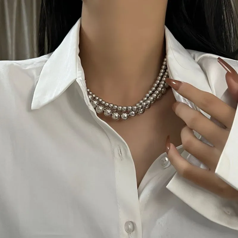Women's Three Layers Ball Stacking Necklace Silver Alloy Geometric Pendant