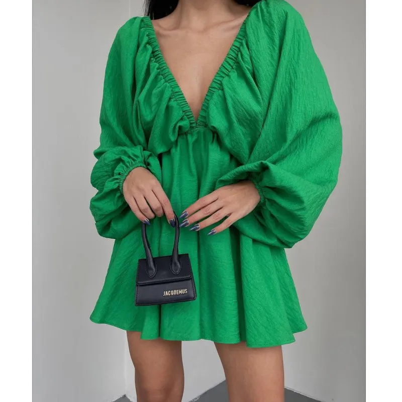 Women Casual Solid Color V Neck Long Sleeve Puff Sleeve Dress