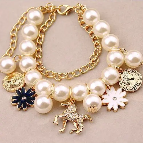 Women Fashion Imitation Pearl Horse Coin Double-Layer Bracelet