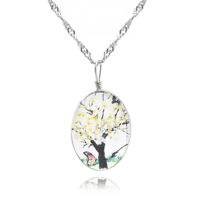 Women's Vintage Double Sided Glass Crystal Tree Of Life Trunk Flower Pendant Necklace
