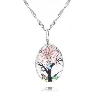 Women's Vintage Double Sided Glass Crystal Tree Of Life Trunk Flower Pendant Necklace