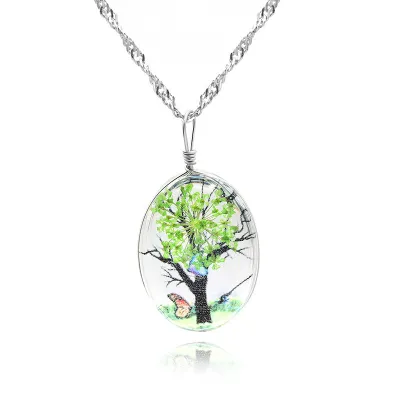 Women's Vintage Double Sided Glass Crystal Tree Of Life Trunk Flower Pendant Necklace