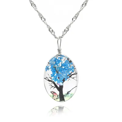 Women's Vintage Double Sided Glass Crystal Tree Of Life Trunk Flower Pendant Necklace