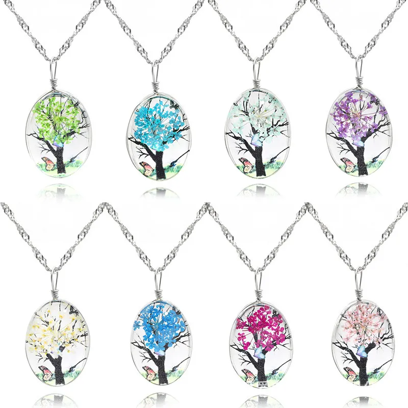 Women's Vintage Double Sided Glass Crystal Tree Of Life Trunk Flower Pendant Necklace