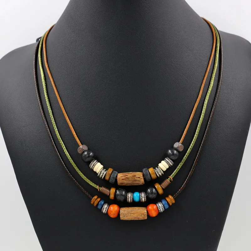 Women's Vintage Bohemian Ethnic Multicolor Wooden Bead Layered Necklace