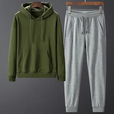 Men Simple Solid Color Casual Sport Hoodies Trousers 100% Cotton Tracksuit