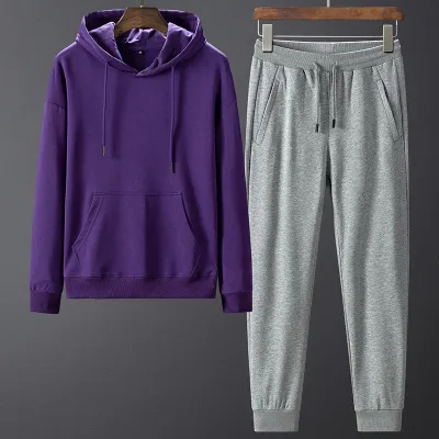 Men Simple Solid Color Casual Sport Hoodies Trousers 100% Cotton Tracksuit