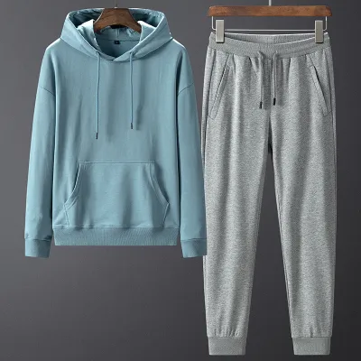 Men Simple Solid Color Casual Sport Hoodies Trousers 100% Cotton Tracksuit