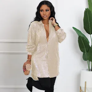 Women Casual Loose Solid Color Sequin Lapel Long Sleeve Blouse