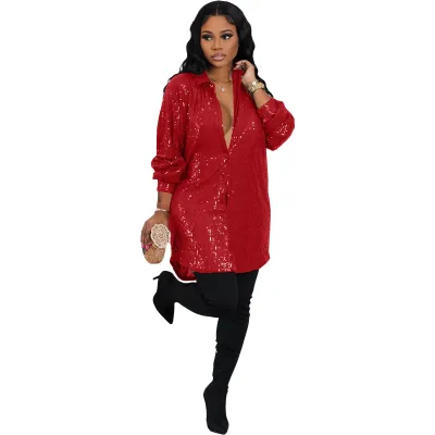 Women Casual Loose Solid Color Sequin Lapel Long Sleeve Blouse