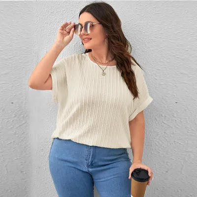 Fashion Women Summer Basic Plus Size Solid Color Short-Sleeved T-Shirt