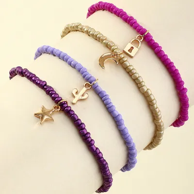 Women Fashion Bohemian Lock Crescent Star Cactus Mini Beads Multicolor Anklet Set