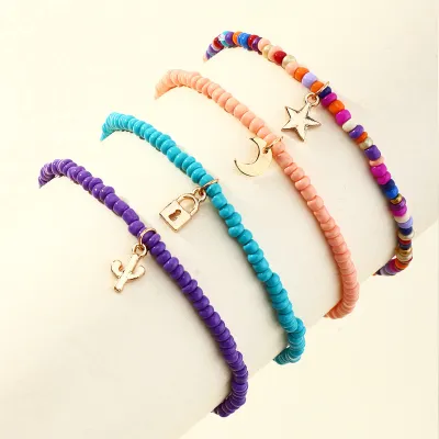 Women Fashion Bohemian Lock Crescent Star Cactus Mini Beads Multicolor Anklet Set