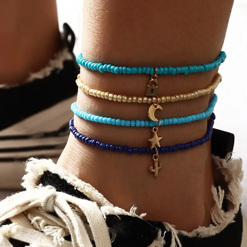 Women Fashion Bohemian Lock Crescent Star Cactus Mini Beads Multicolor Anklet Set