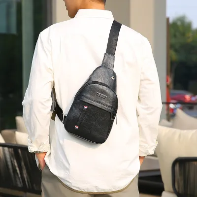 Men Fashion Soft Pu Leather Chest Bag Business Commuting Solid Color Zipper Single Shoulder Bag