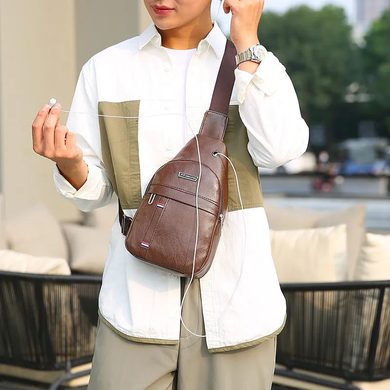 Men Fashion Soft Pu Leather Chest Bag Business Commuting Solid Color Zipper Single Shoulder Bag