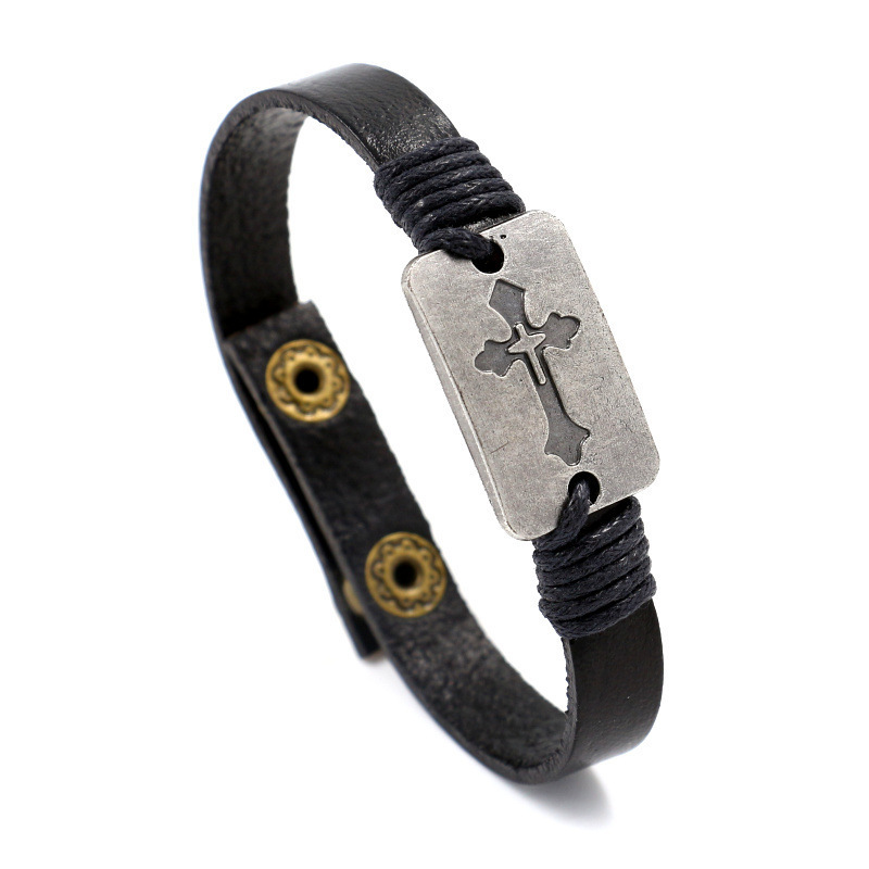 HALEINE ♥ CROSS JEWELERY LEATHER BRACELET /追跡付 Wholesale Men Vintage Alloy Cross Braid Snap Button Leather