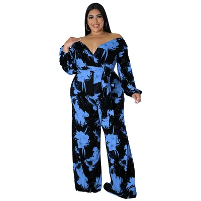 Women Fashion Casual Floral Printing V Neck Boat Neck Plus Size Jumpsuit