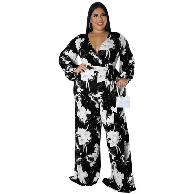 Women Fashion Casual Floral Printing V Neck Boat Neck Plus Size Jumpsuit