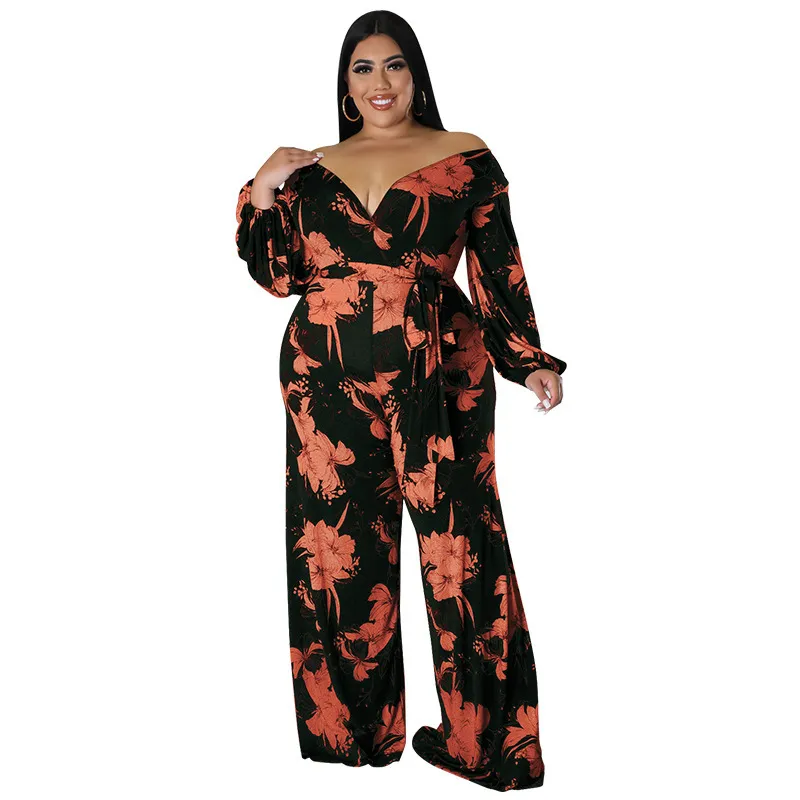 Women Fashion Casual Floral Printing V Neck Boat Neck Plus Size Jumpsuit
