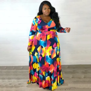Women Fashion Casual Geometric Printing V Neck Long Sleeve Plus Size Dress