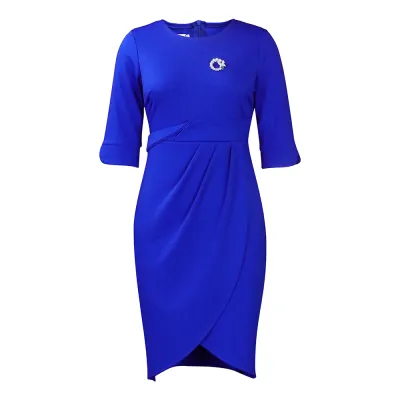 Women Office Elegant Solid Color Round Neck Cropped Sleeve Pleated Slim-Fit Brooch Dress