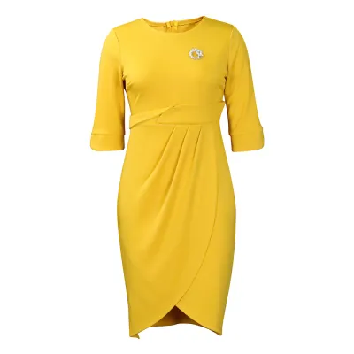 Women Office Elegant Solid Color Round Neck Cropped Sleeve Pleated Slim-Fit Brooch Dress