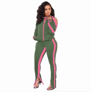 Women Off-The-Shoulder Zipper Hoodie Top with Side Slit Pants Two-Piece Set
