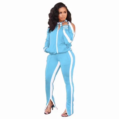 Women Off-The-Shoulder Zipper Hoodie Top with Side Slit Pants Two-Piece Set