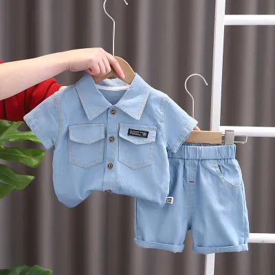 Kids Boys Clothing 3-14T Casual Denim Lapel Short-Sleeved Top and Shorts 2pcs Set