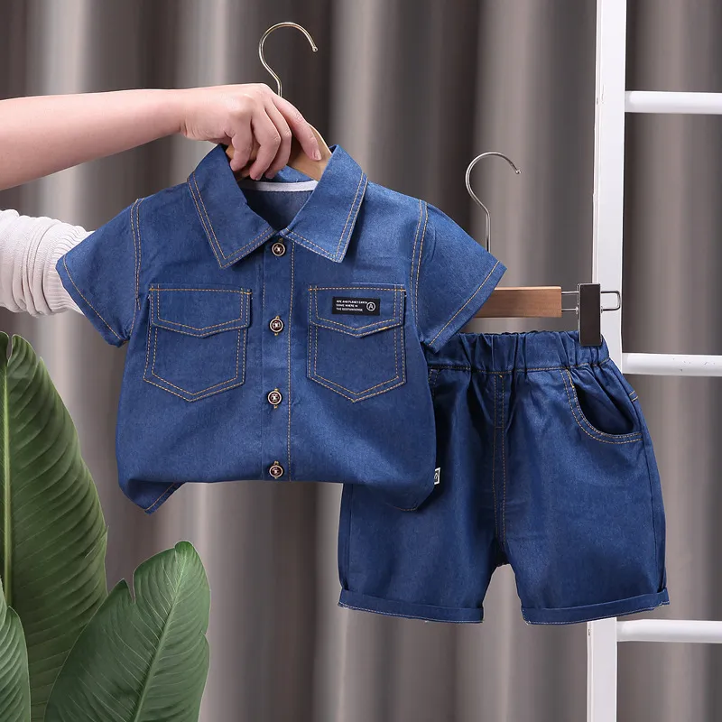 Kids Boys Clothing 3-14T Casual Denim Lapel Short-Sleeved Top and Shorts 2pcs Set