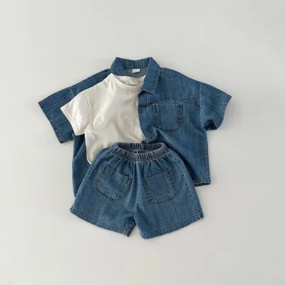 Kids Fashion Short-Sleeved Denim Shirt And Short Two-Piece Suit Cotton
