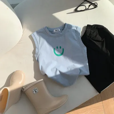 Children Kids Baby Fashion Girls Boys Casual Basic Sleeveless Smiley Print Cotton T-Shirt