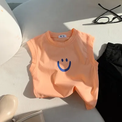 Children Kids Baby Fashion Girls Boys Casual Basic Sleeveless Smiley Print Cotton T-Shirt