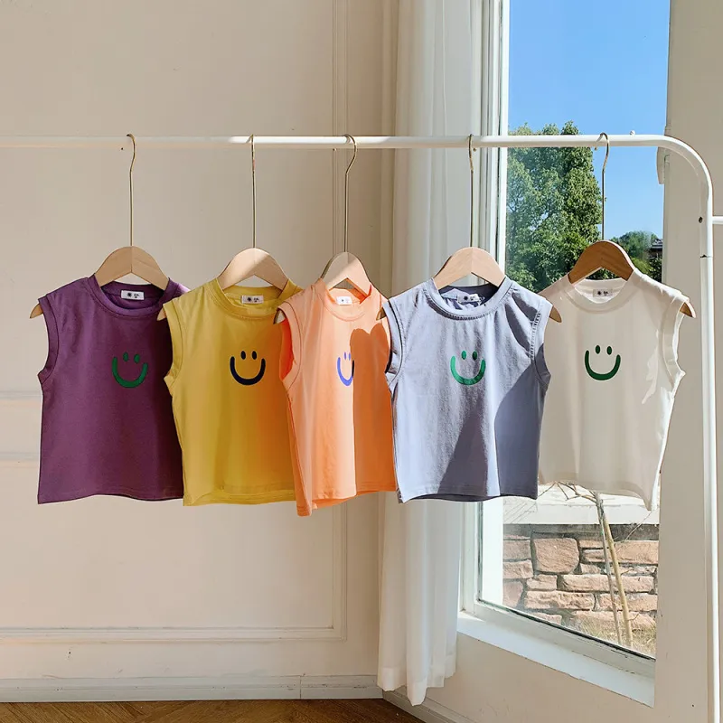 Children Kids Baby Fashion Girls Boys Casual Basic Sleeveless Smiley Print Cotton T-Shirt