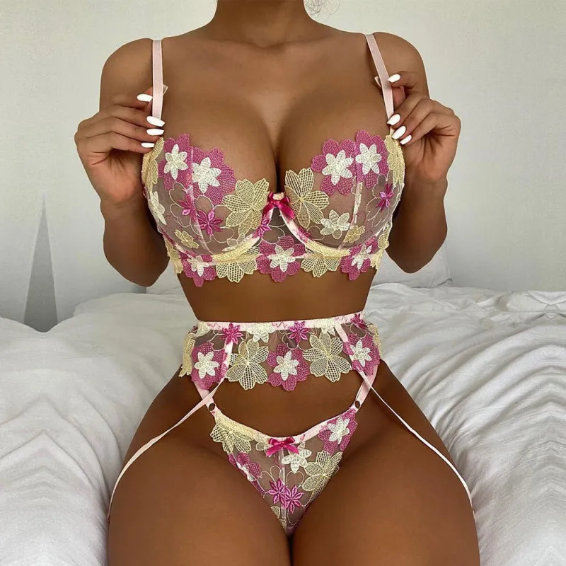 Women Sexy Floral Embroidered Mesh Garter Lingerie Set